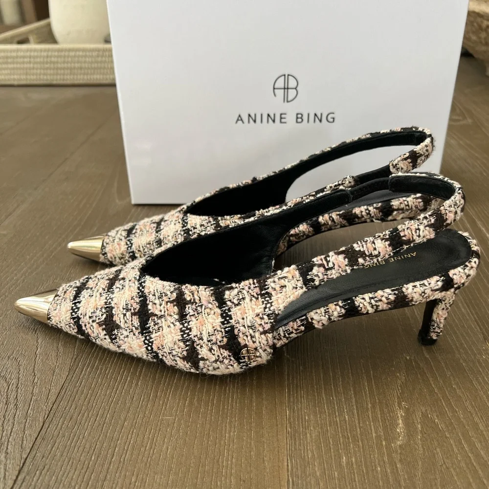 Anine Bing Nina Slingback Heels with Metal Toe in Black/Cream/Apricot Tweed - Picture 5 of 11